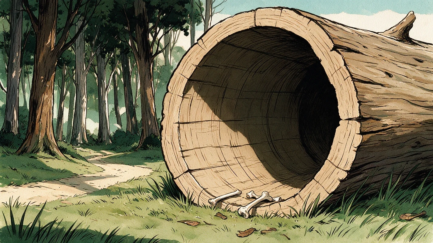 A hollow log in the wood, empty, waiting to fill