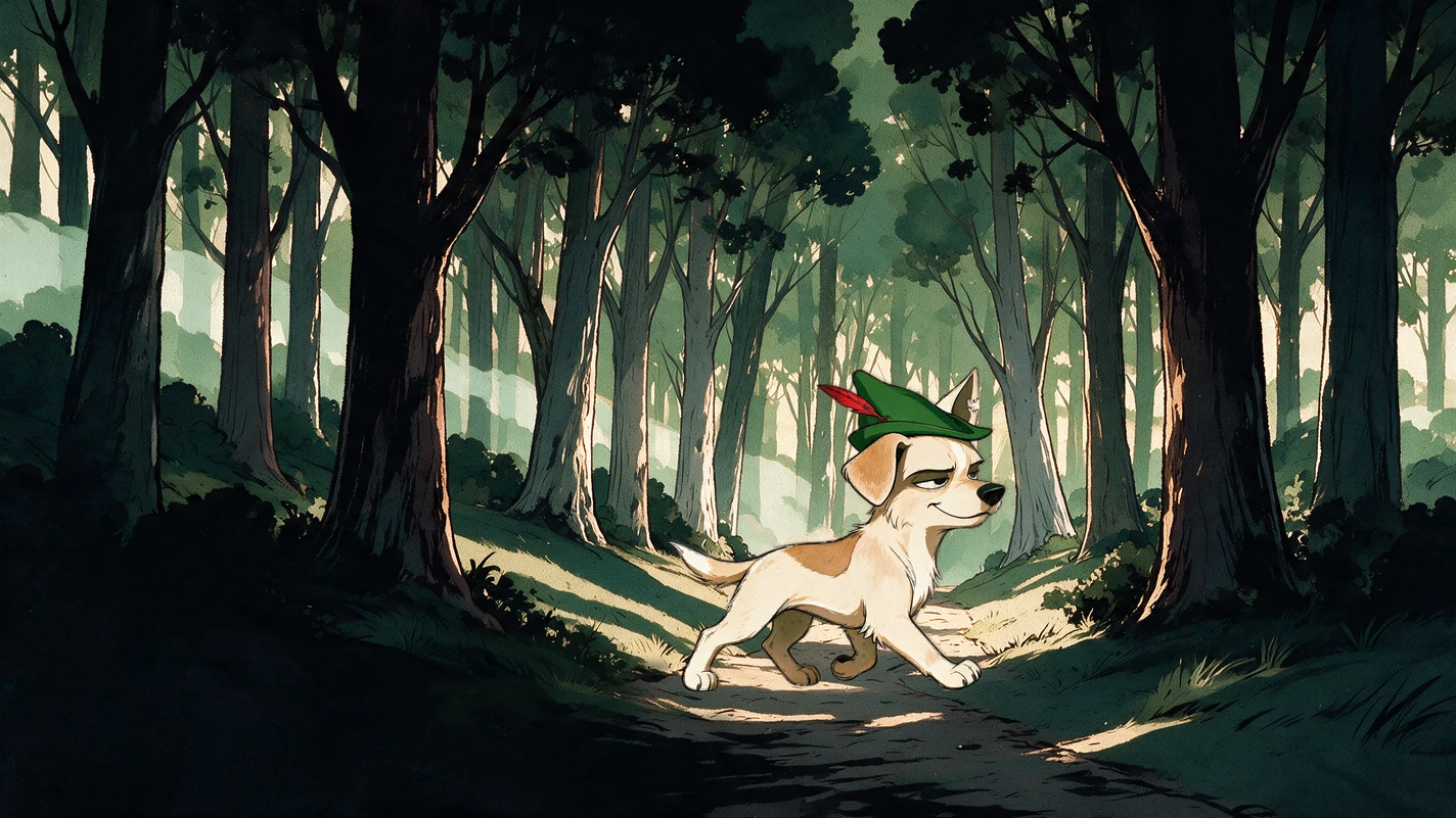 The path into the wood; Fluke trotting down it through a pool of sun