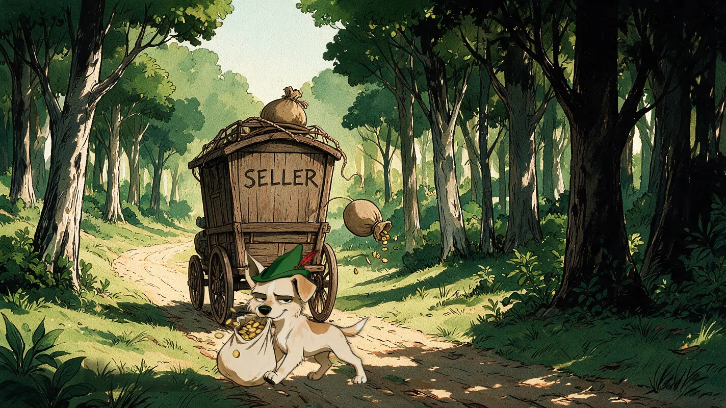 A carriage marked SELLER rattling out of the wood, a money sack tumbling off its roof, Fluke trotting off with another