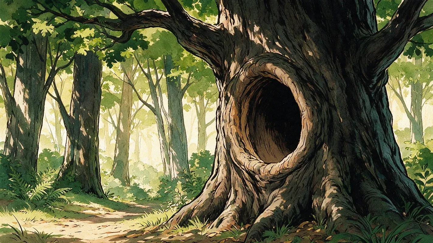 A great oak with an empty knot-hole, waiting to fill